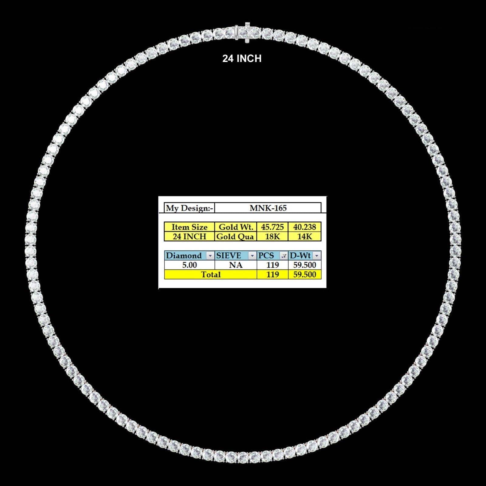 59.5ct Lab Diamond Tennis Necklace 24" | Round VS2+ | 10K Gold