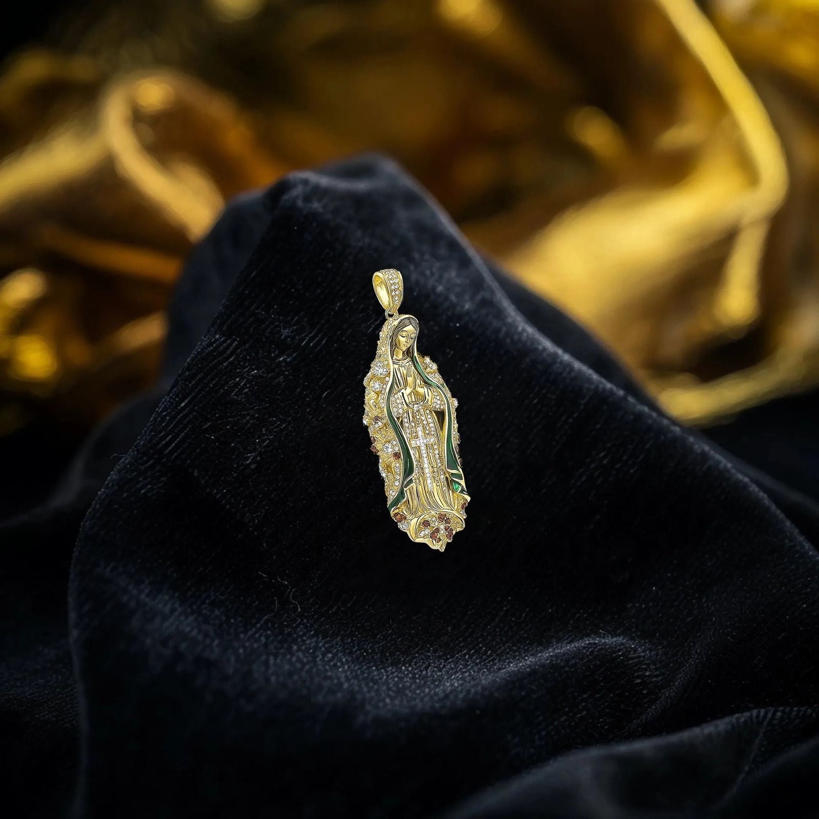 6ct Lab Diamond Virgen Guadalupe Pendant | IGI Certified VS1 | 10K Yellow Gold