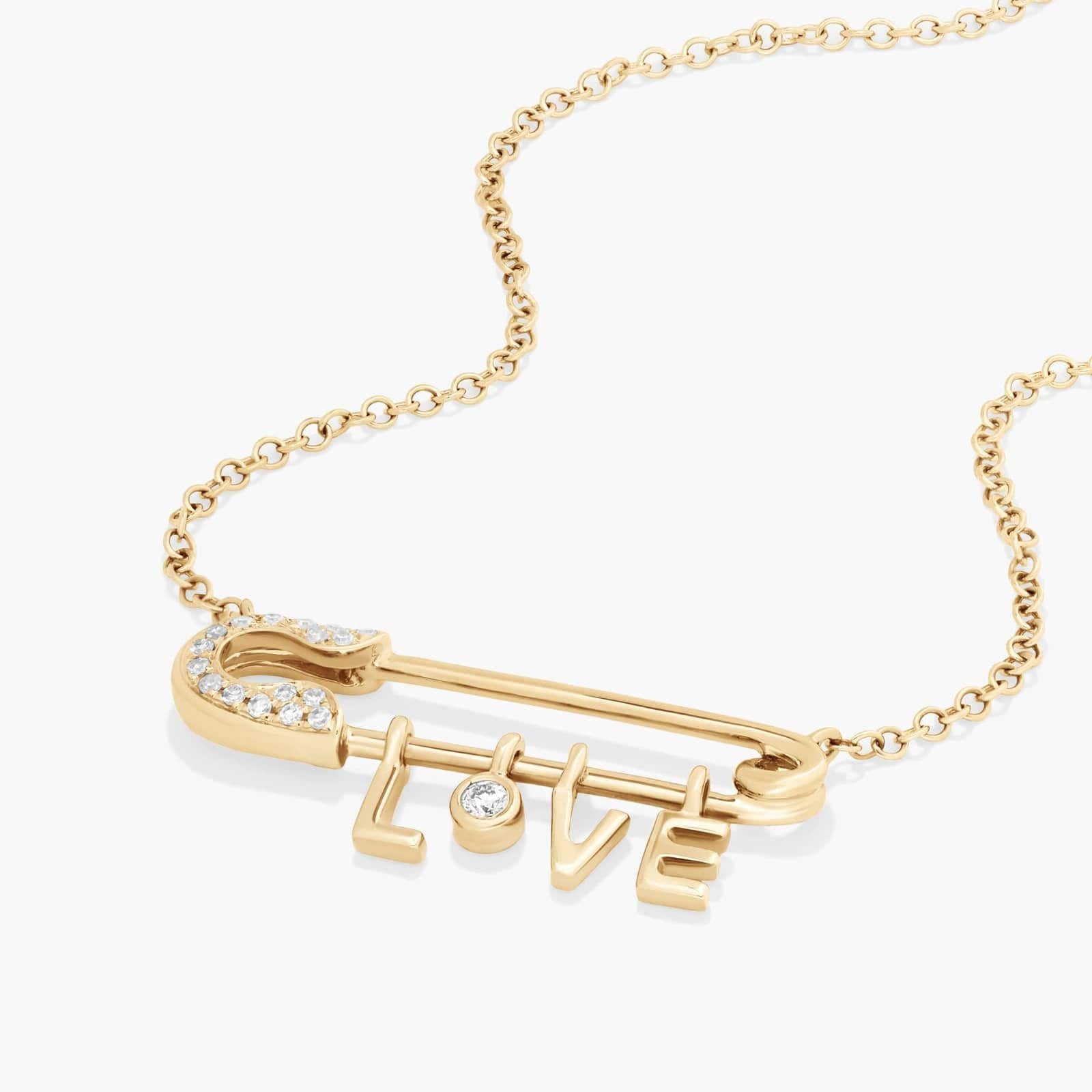 1ct Lab Diamond Safety Pin Necklace | Round Brilliant | IGI Certified | 10K Yellow Gold