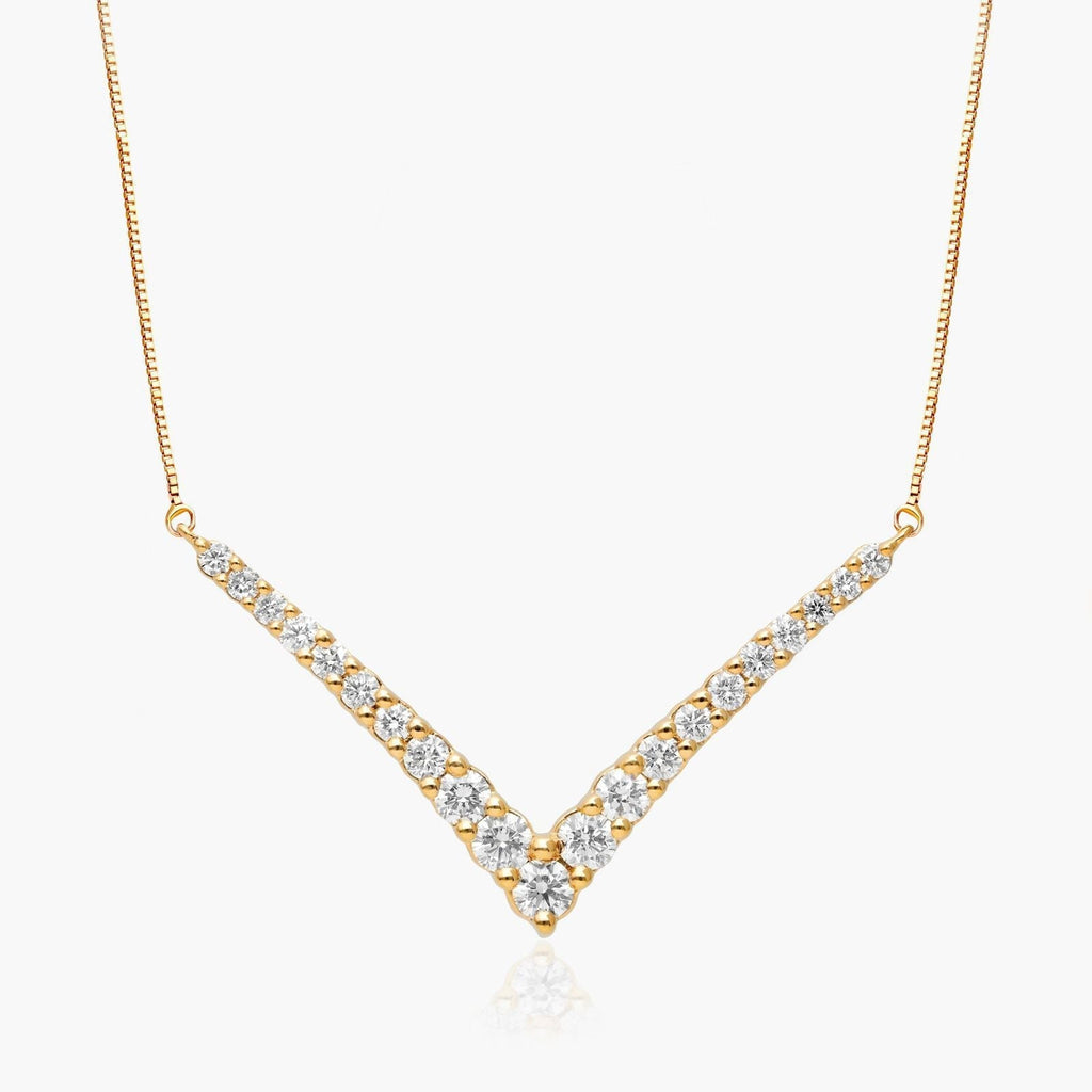 5ct Lab Diamond V Necklace | Graduated Round Brilliant | IGI Certified | 10K Yellow Gold