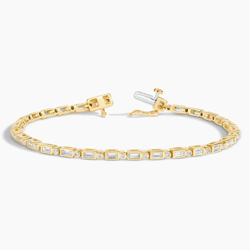 5ct Lab Diamond Tennis Bracelet | Round & Baguette Cut | IGI Certified VS | 10k Yellow Gold | 7 Inch