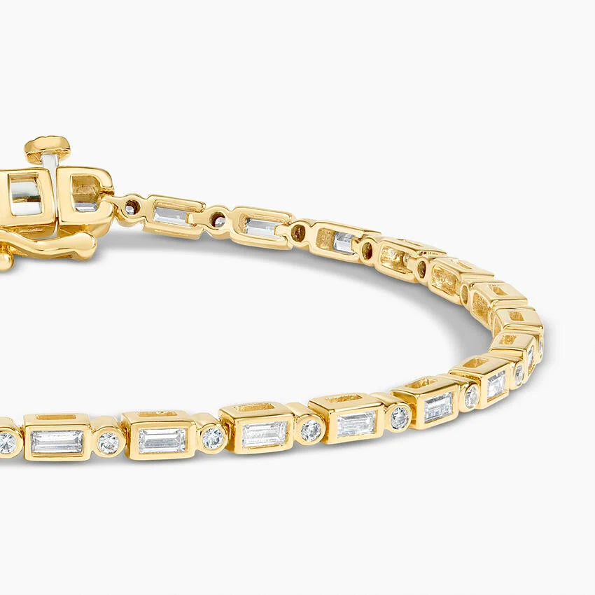 5ct Lab Diamond Tennis Bracelet | Round & Baguette Cut | IGI Certified VS | 10k Yellow Gold | 7 Inch