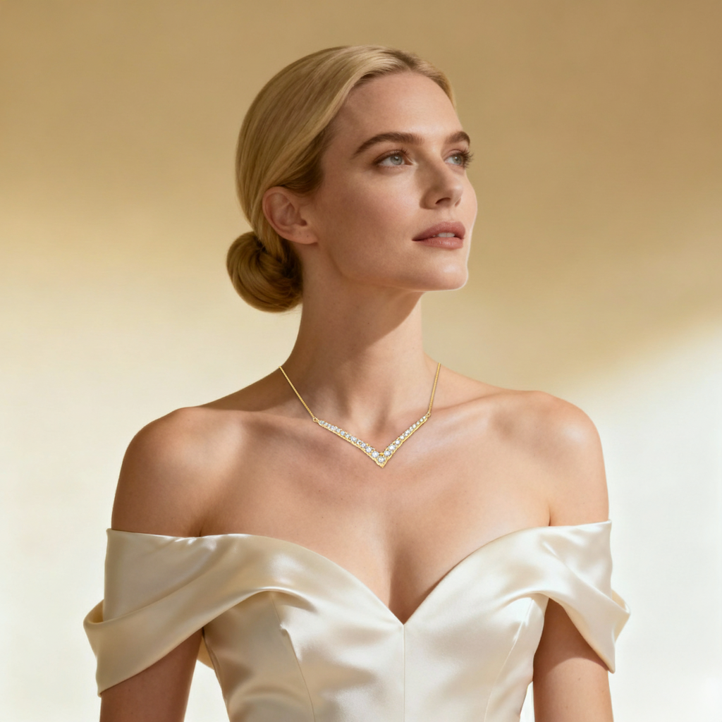 5ct Lab Diamond V Necklace | Graduated Round Brilliant | IGI Certified | 10K Yellow Gold
