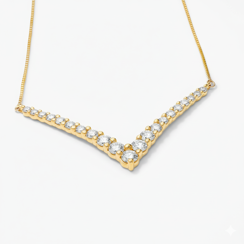 5ct Lab Diamond V Necklace | Graduated Round Brilliant | IGI Certified | 10K Yellow Gold