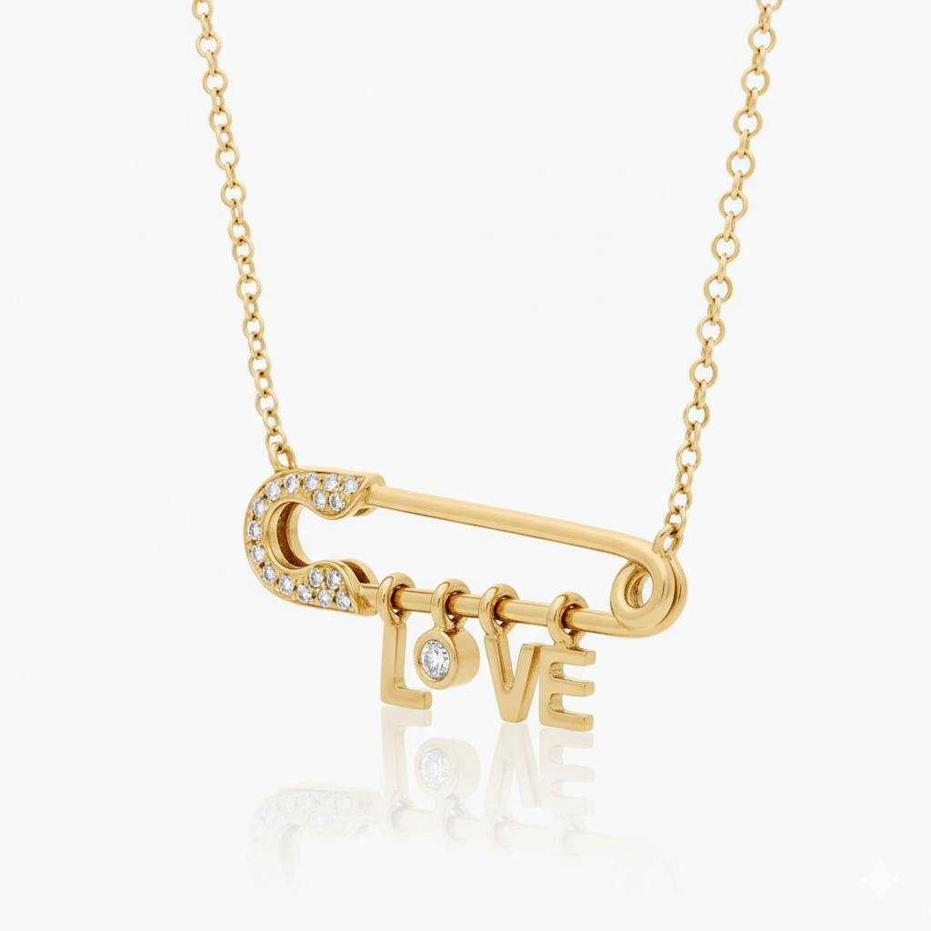 1ct Lab Diamond Safety Pin Necklace | Round Brilliant | IGI Certified | 10K Yellow Gold