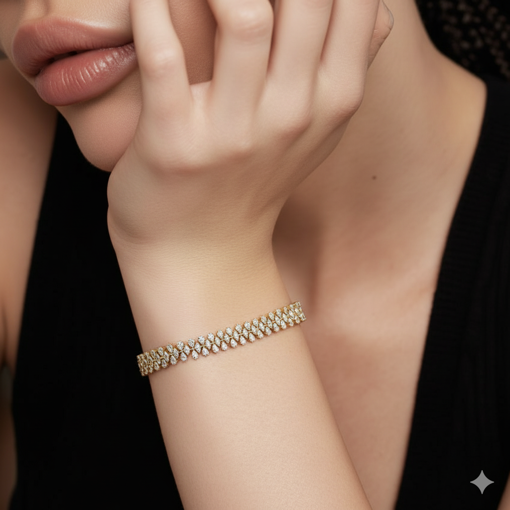 9.33ct Lab Diamond Tennis Bracelet | Three Row Pear Cut | IGI Certified VS+ DEF | 10K Yellow Gold