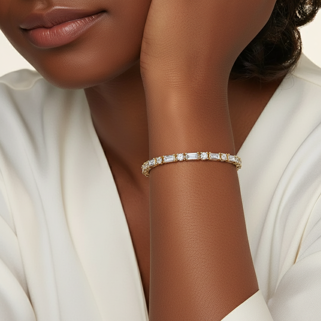 5ct Lab Diamond Tennis Bracelet | Baguette & Round Cut | IGI Certified VS | 10K Yellow Gold | 7 Inch