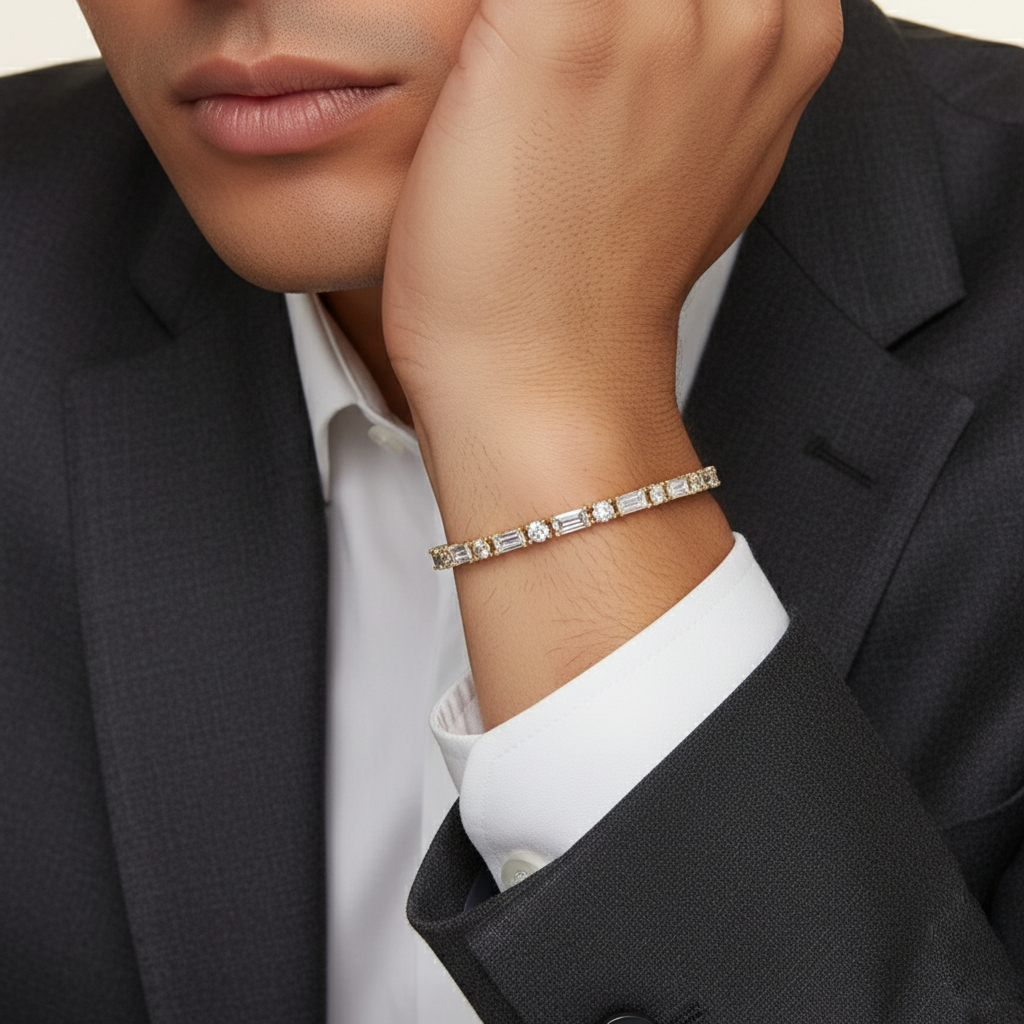 5ct Lab Diamond Tennis Bracelet | Baguette & Round Cut | IGI Certified VS | 10K Yellow Gold | 7 Inch