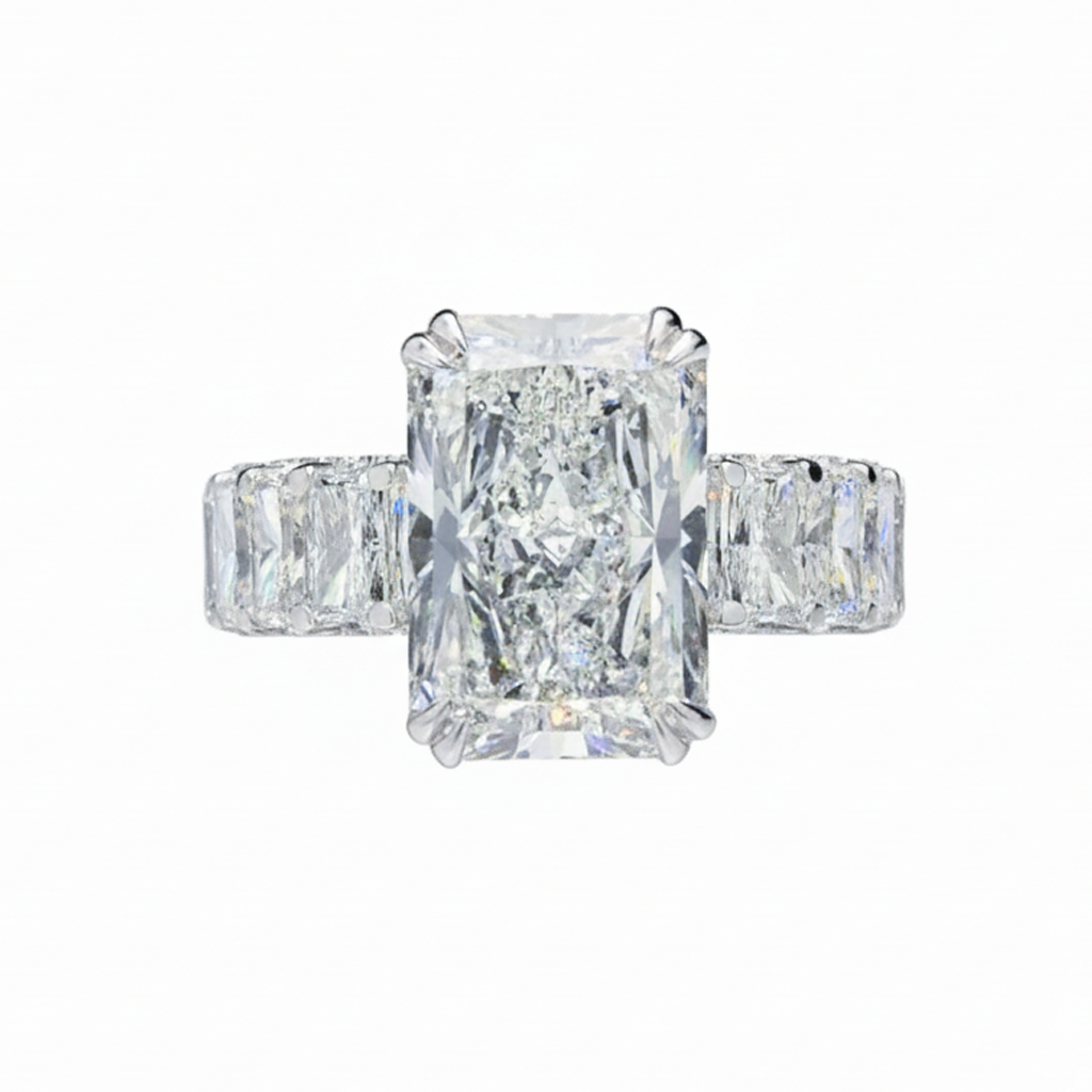 4ct Cushion Cut Diamond Ring with Emerald Side Stones | 10K Gold