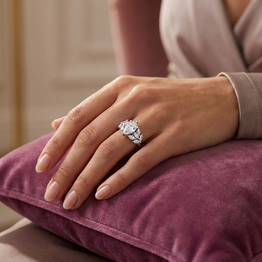 1.90ct Pear Lab Grown Diamond Engagement Ring with Marquise Side Stones 10K Gold IGI Certified DEF VS