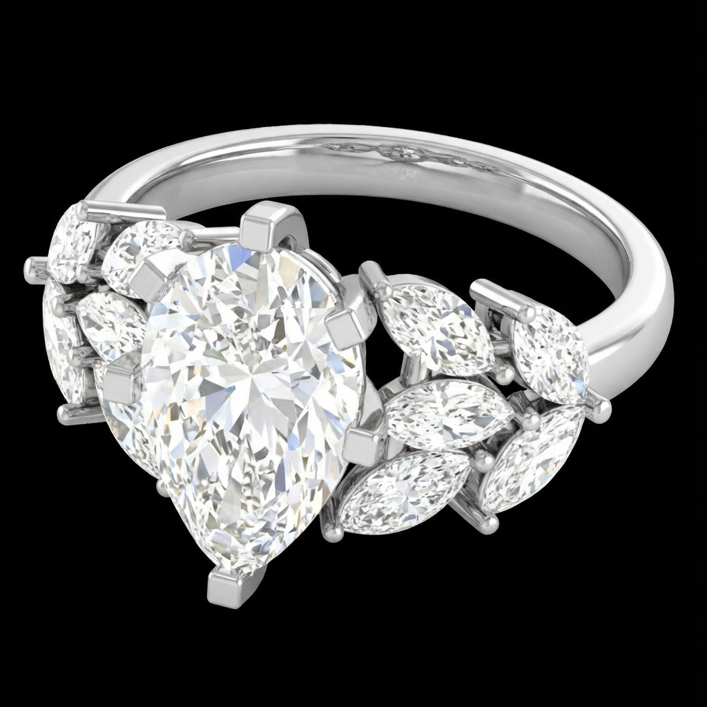 1.90ct Pear Lab Grown Diamond Engagement Ring with Marquise Side Stones 10K Gold IGI Certified DEF VS