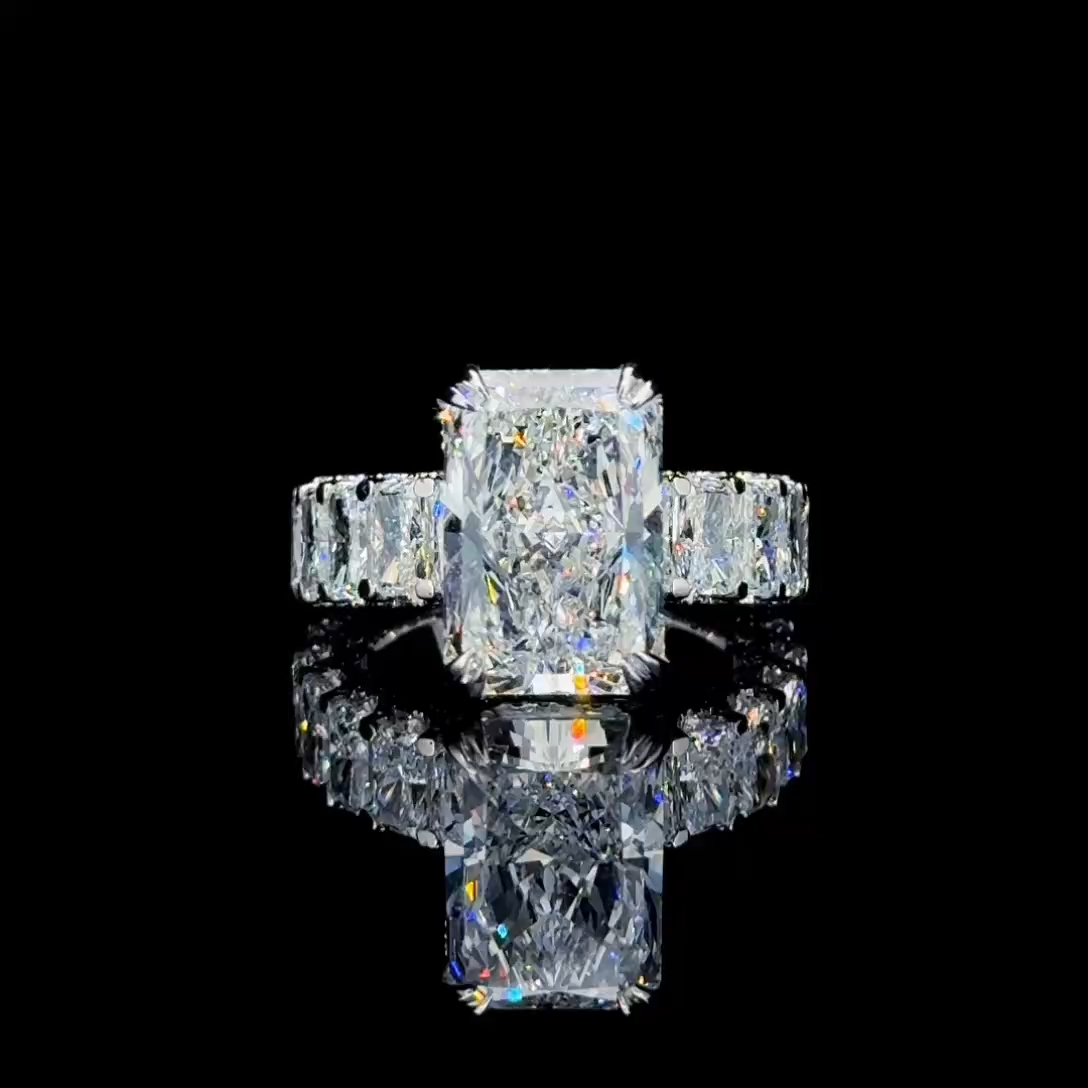 4ct Cushion Cut Diamond Ring with Emerald Side Stones | 10K Gold