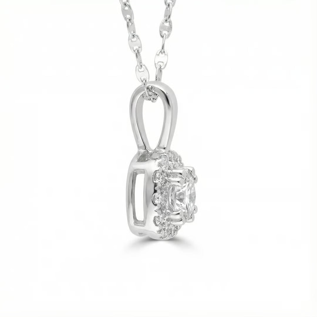 0.60ct Halo Diamond Pendant Necklace in 14K Gold with 16 inch Chain