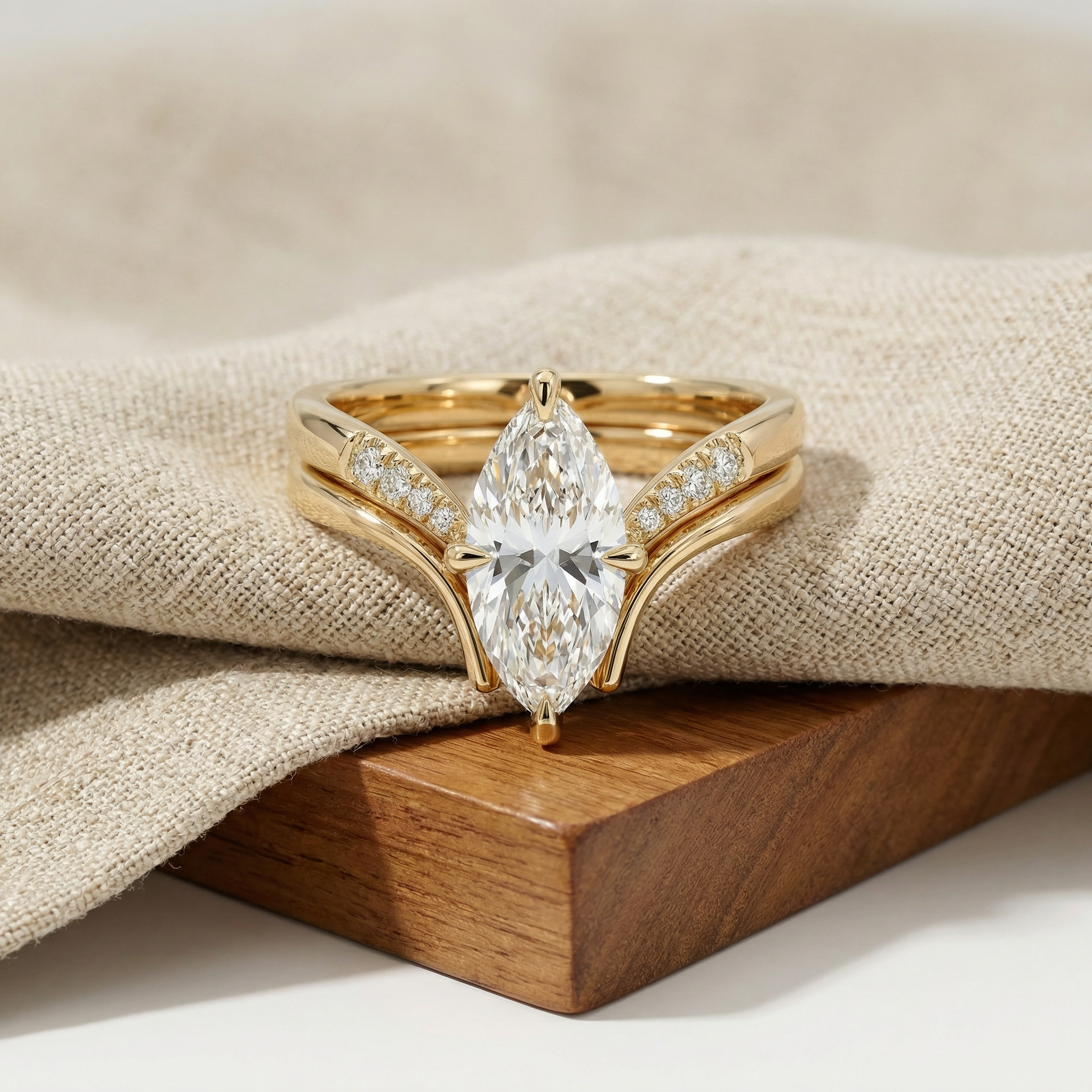 3ct Marquise Lab Diamond Engagement Ring Set | E VS1 | 10K Yellow Gold