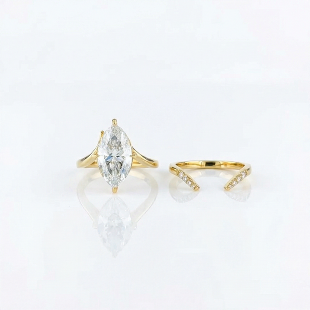 3ct Marquise Lab Diamond Engagement Ring Set | E VS1 | 10K Yellow Gold