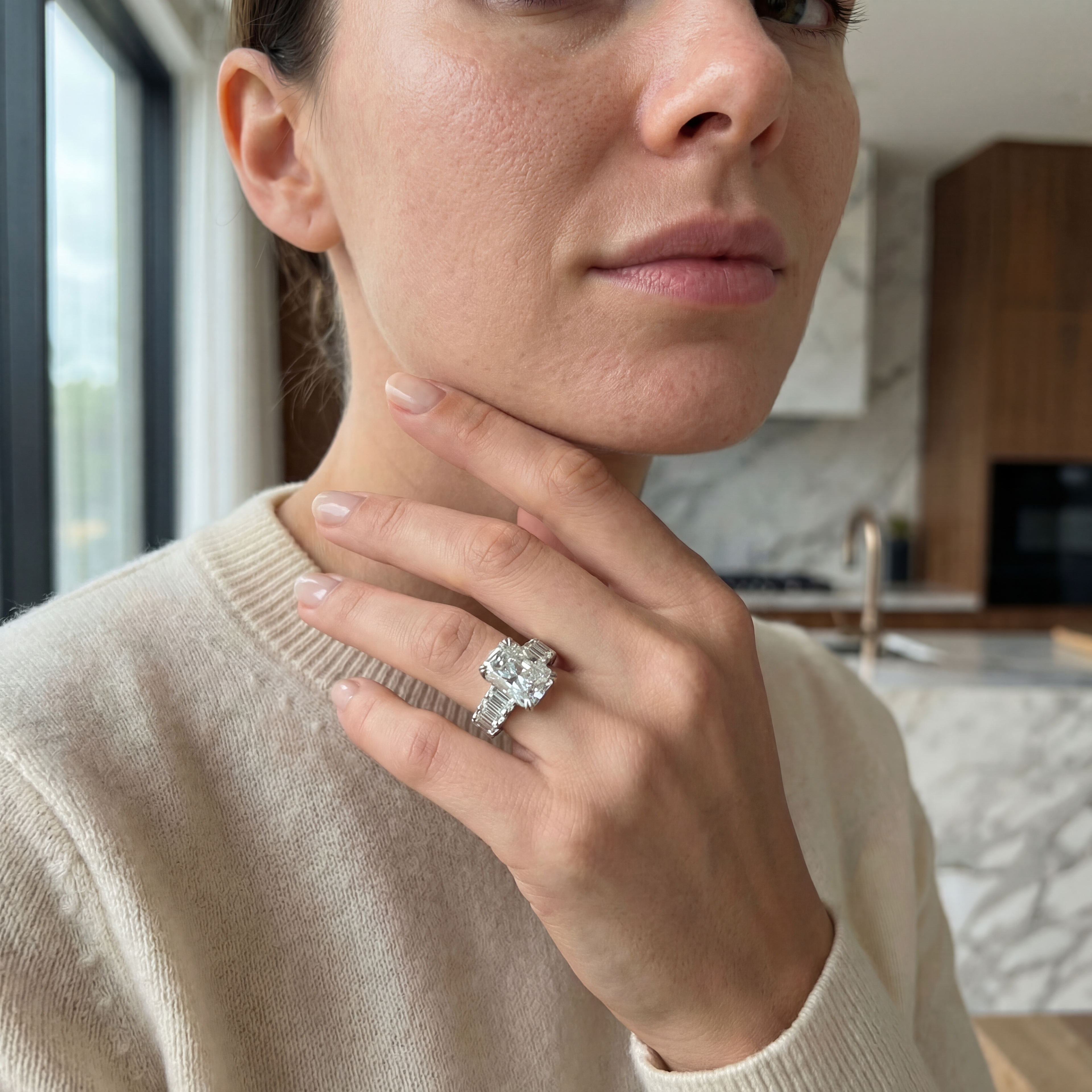 4ct Cushion Cut Diamond Ring with Emerald Side Stones | 10K Gold