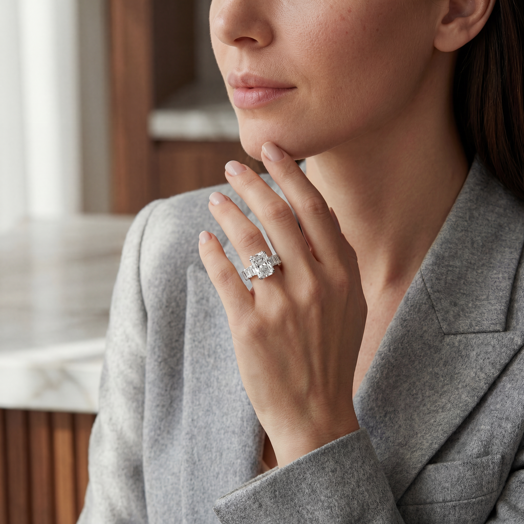 4ct Cushion Cut Diamond Ring with Emerald Side Stones | 10K Gold