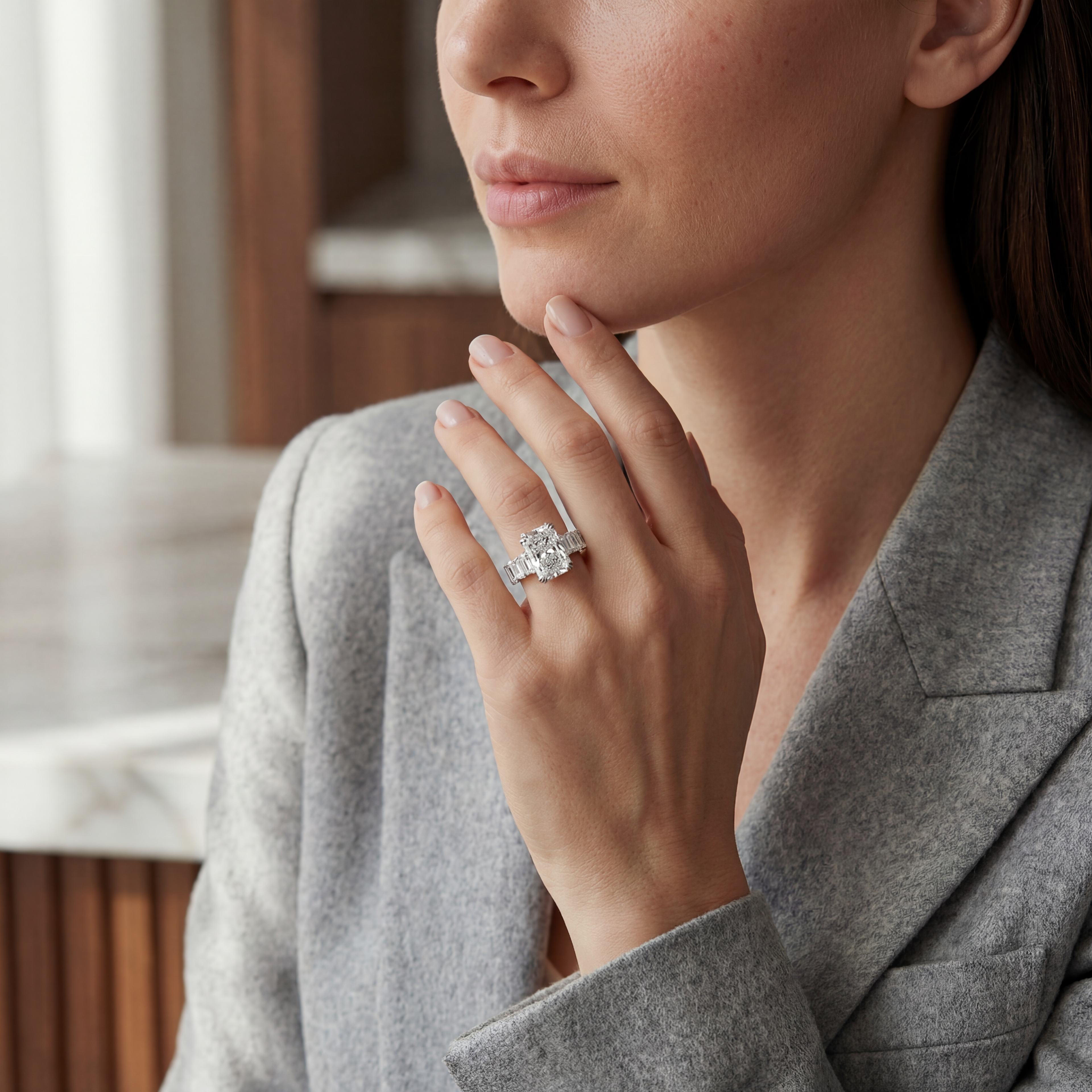 4ct Cushion Cut Diamond Ring with Emerald Side Stones | 10K Gold