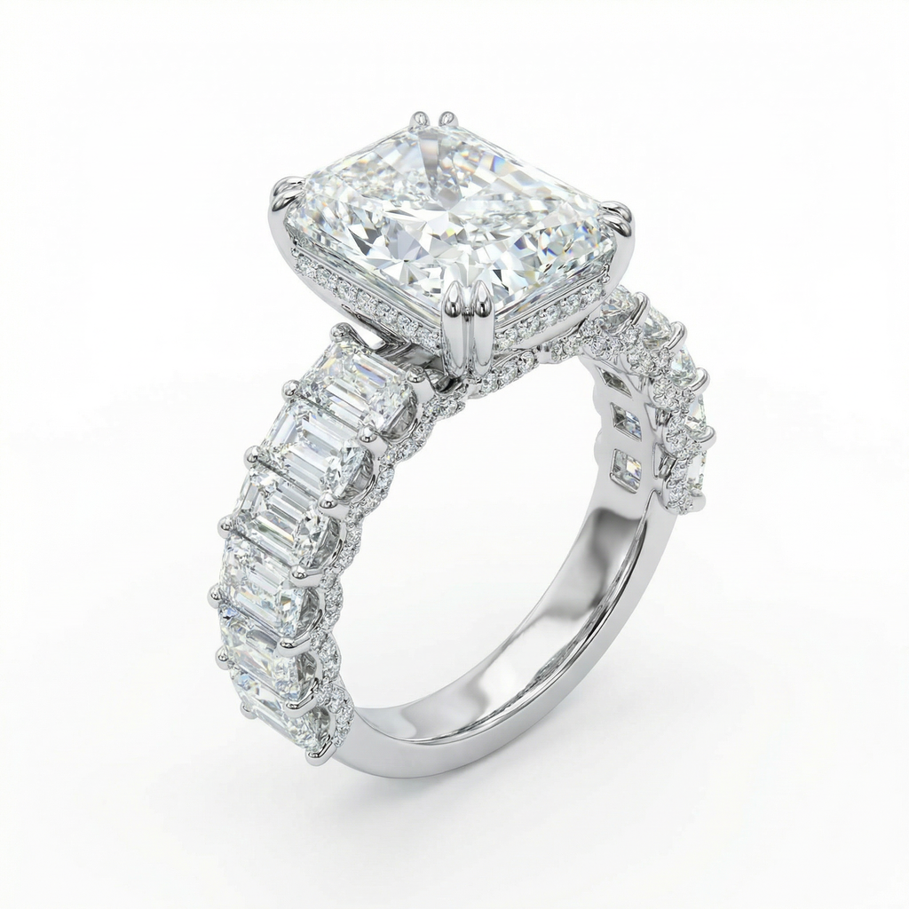 4ct Cushion Cut Diamond Ring with Emerald Side Stones | 10K Gold