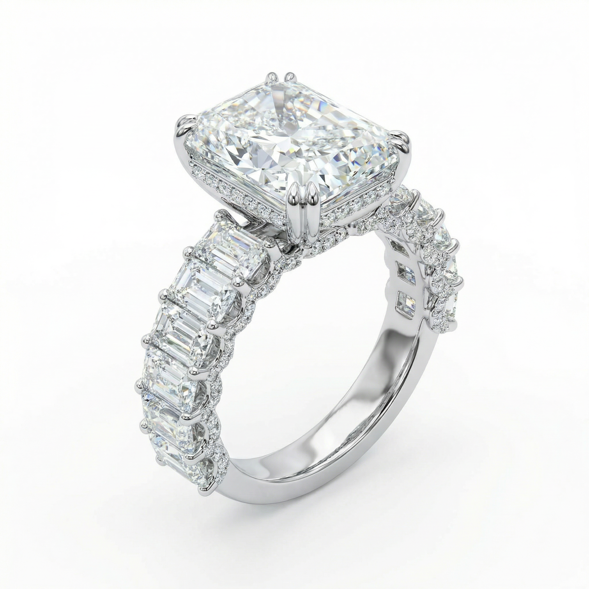 4ct Cushion Cut Diamond Ring with Emerald Side Stones | 10K Gold