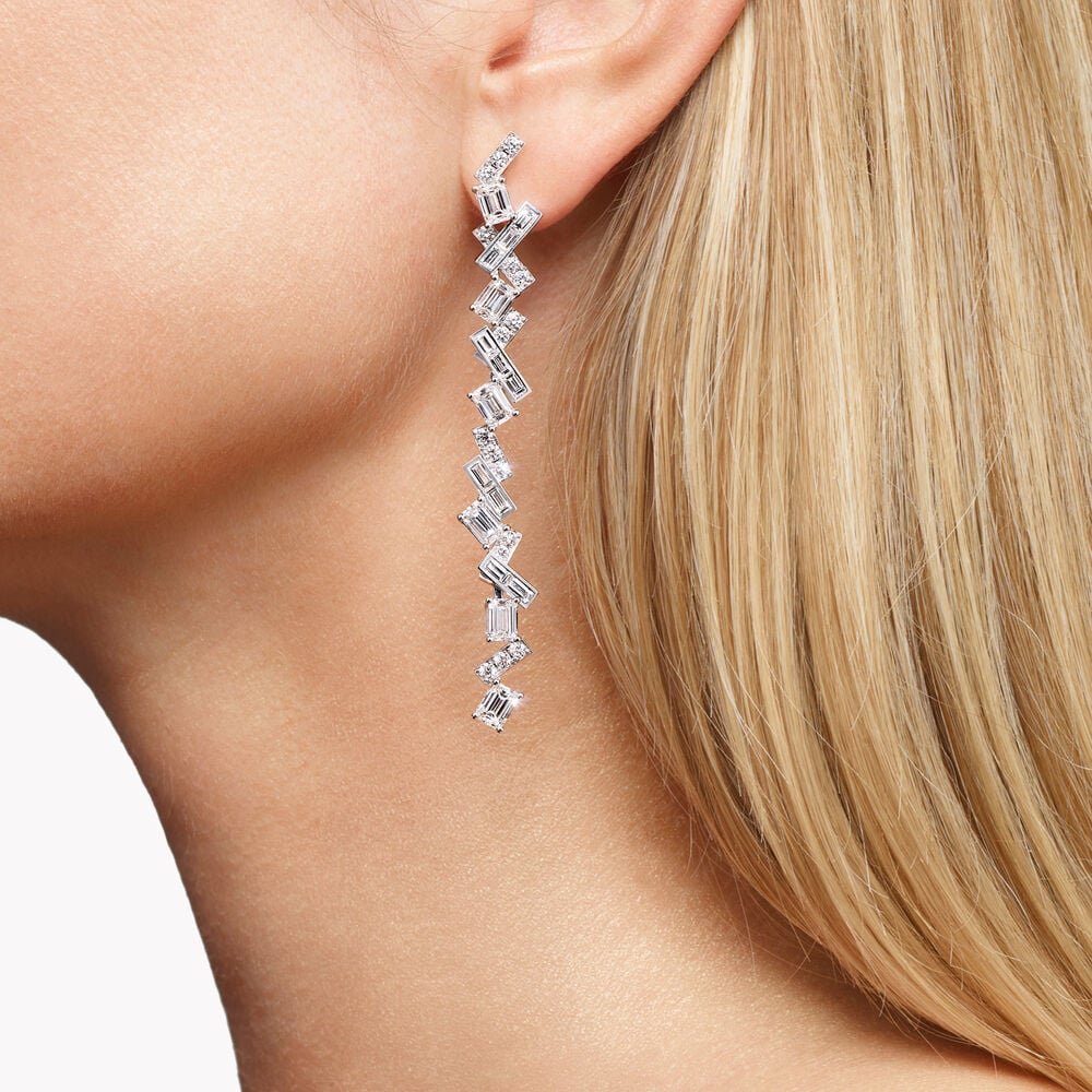 8ctw Lab Diamond Zig Zag Drop Earrings | Baguette | IGI Certified | 10K White Gold
