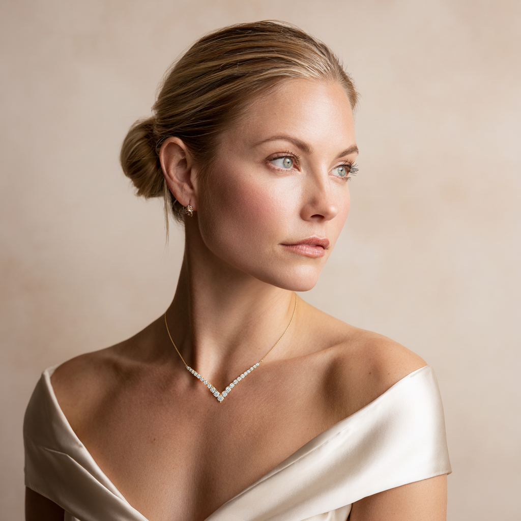5ct Lab Diamond V Necklace | Graduated Round Brilliant | IGI Certified | 10K Yellow Gold